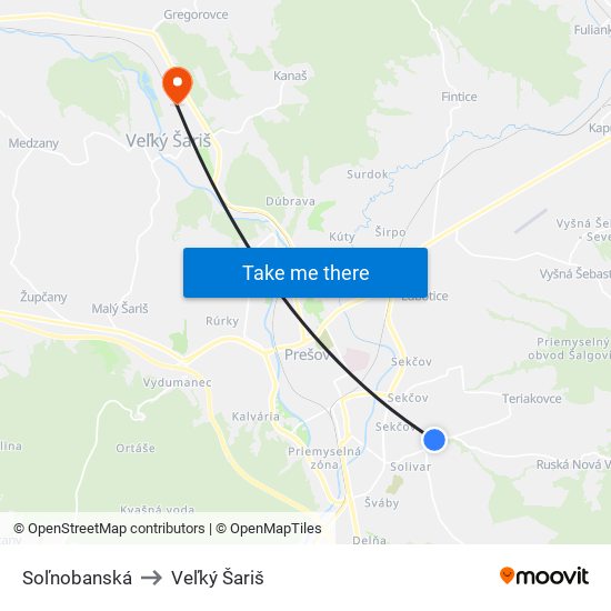 Soľnobanská to Veľký Šariš map