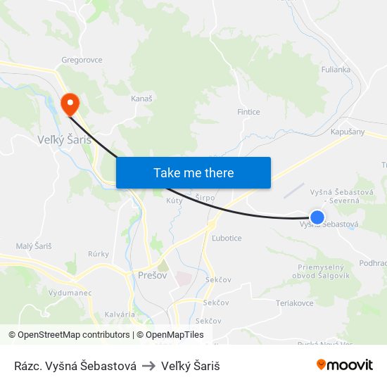 Rázc. Vyšná Šebastová to Veľký Šariš map