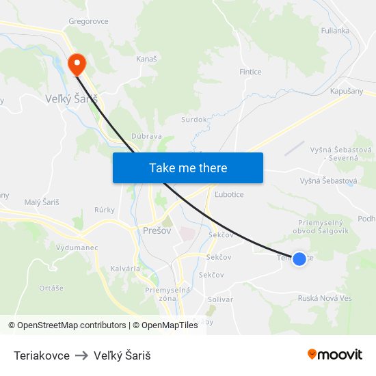 Teriakovce to Veľký Šariš map