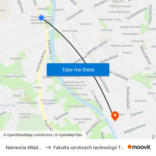 Námestie Mládeže to Fakulta výrobných technológií TUKE map