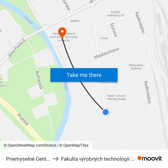 Priemyselné Centrum to Fakulta výrobných technológií TUKE map