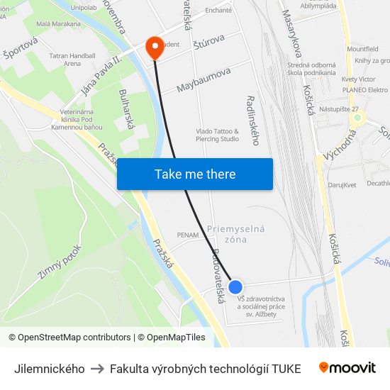 Jilemnického to Fakulta výrobných technológií TUKE map