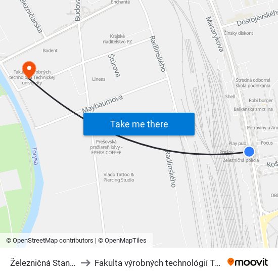 Železničná Stanica to Fakulta výrobných technológií TUKE map