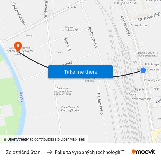 Železničná Stanica to Fakulta výrobných technológií TUKE map