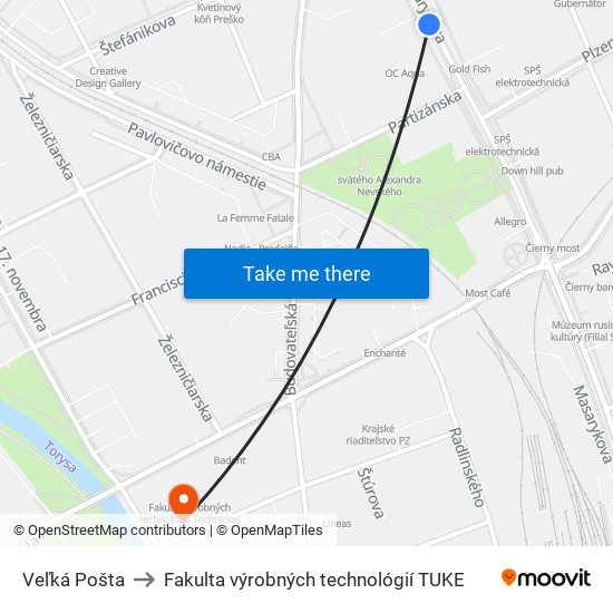 Veľká Pošta to Fakulta výrobných technológií TUKE map