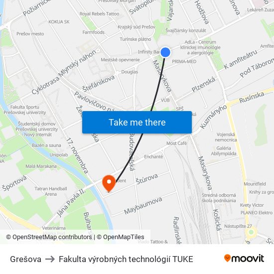 Grešova to Fakulta výrobných technológií TUKE map