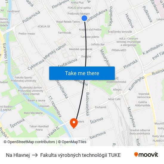 Na Hlavnej to Fakulta výrobných technológií TUKE map