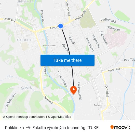 Poliklinika to Fakulta výrobných technológií TUKE map