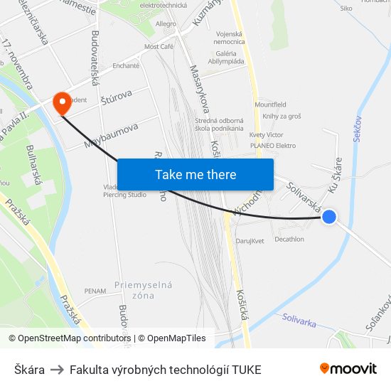 Škára to Fakulta výrobných technológií TUKE map
