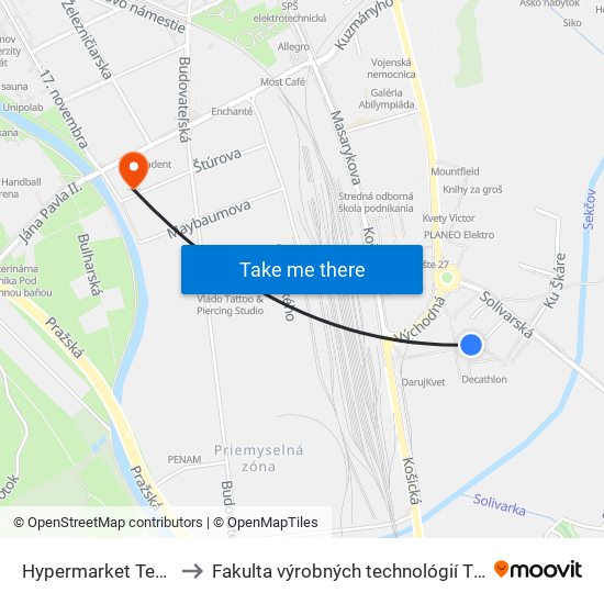 Hypermarket  Tesco to Fakulta výrobných technológií TUKE map