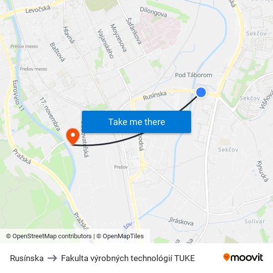 Rusínska to Fakulta výrobných technológií TUKE map