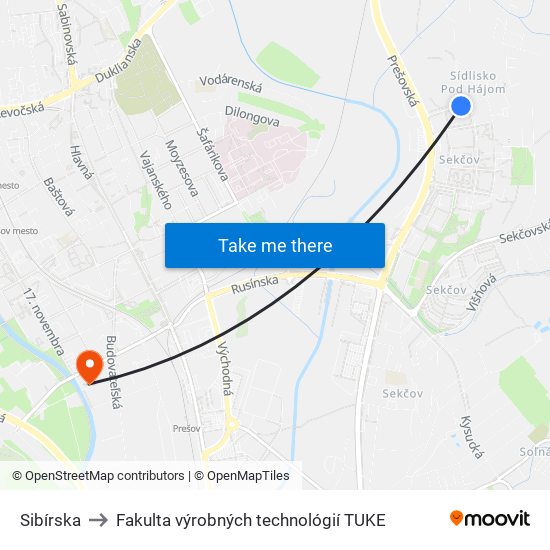 Sibírska to Fakulta výrobných technológií TUKE map