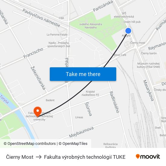 Čierny Most to Fakulta výrobných technológií TUKE map