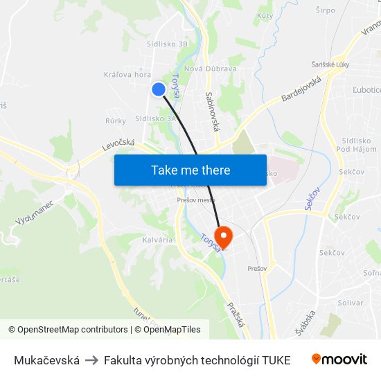 Mukačevská to Fakulta výrobných technológií TUKE map