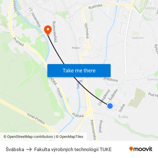 Švábska to Fakulta výrobných technológií TUKE map
