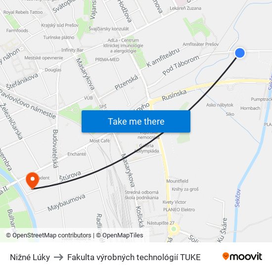 Nižné Lúky to Fakulta výrobných technológií TUKE map