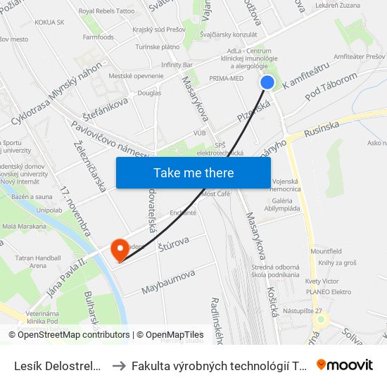 Lesík Delostrelcov to Fakulta výrobných technológií TUKE map