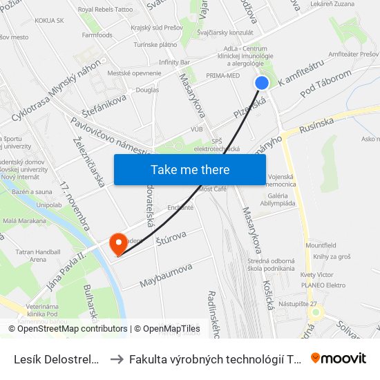 Lesík Delostrelcov to Fakulta výrobných technológií TUKE map