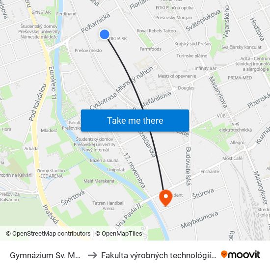Gymnázium Sv. Moniky to Fakulta výrobných technológií TUKE map