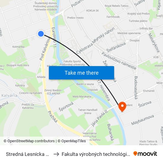 Stredná Lesnícka Škola to Fakulta výrobných technológií TUKE map