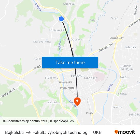 Bajkalská to Fakulta výrobných technológií TUKE map