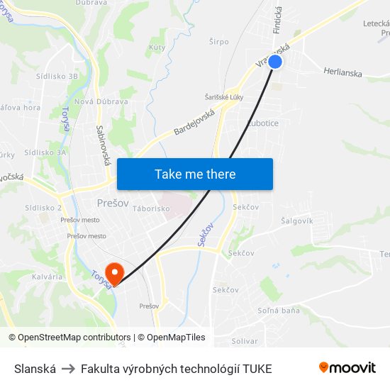 Slanská to Fakulta výrobných technológií TUKE map