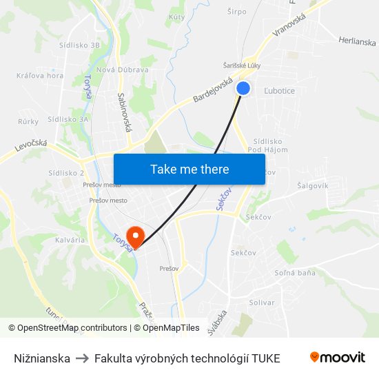 Nižnianska to Fakulta výrobných technológií TUKE map