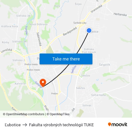 Ľubotice to Fakulta výrobných technológií TUKE map