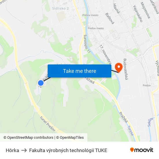 Hôrka to Fakulta výrobných technológií TUKE map