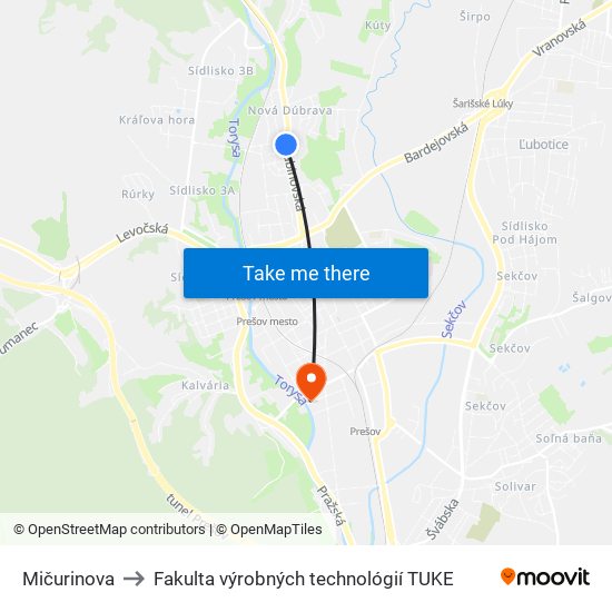 Mičurinova to Fakulta výrobných technológií TUKE map