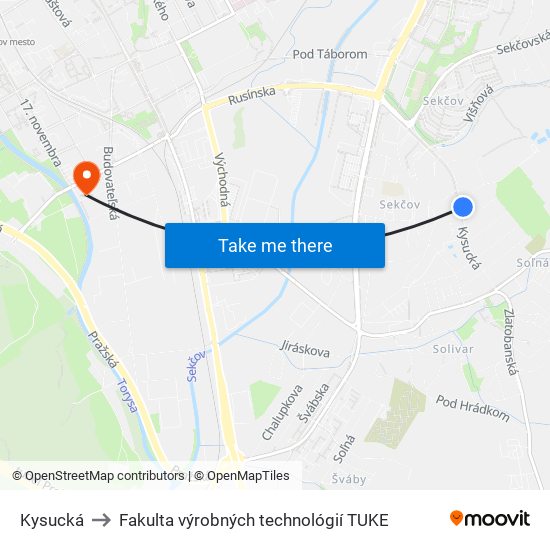 Kysucká to Fakulta výrobných technológií TUKE map