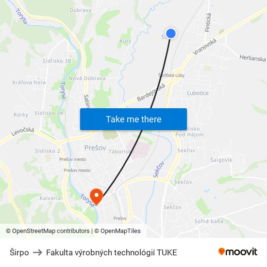 Širpo to Fakulta výrobných technológií TUKE map