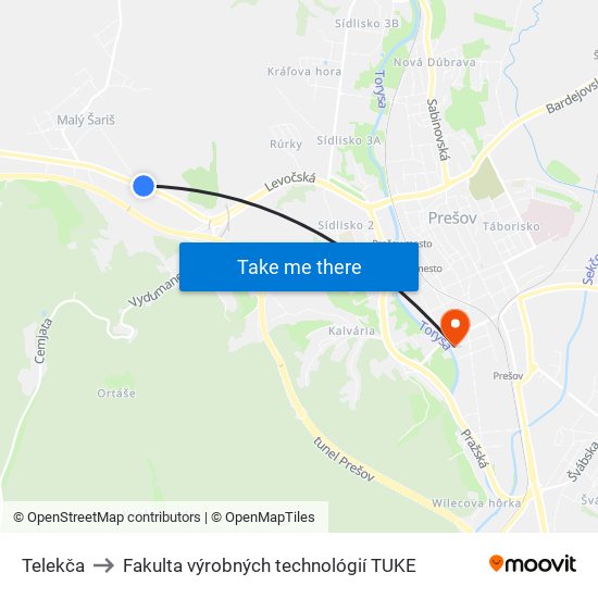 Telekča to Fakulta výrobných technológií TUKE map