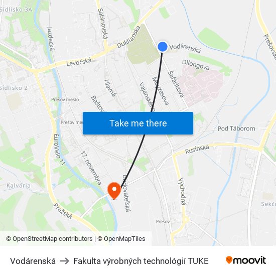 Vodárenská to Fakulta výrobných technológií TUKE map