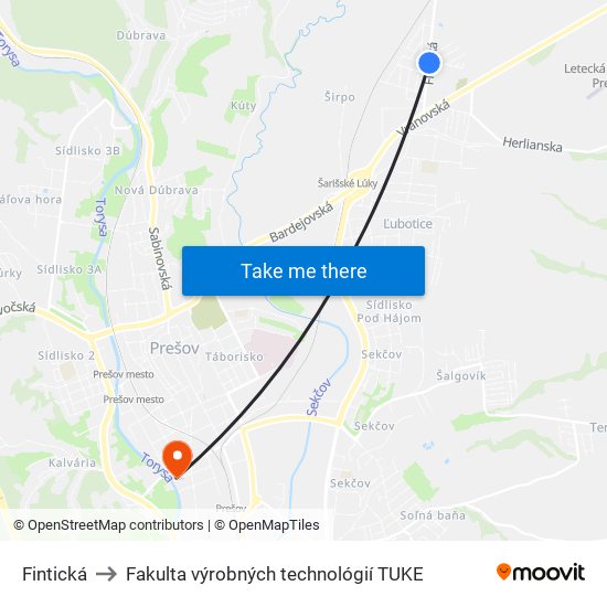 Fintická to Fakulta výrobných technológií TUKE map