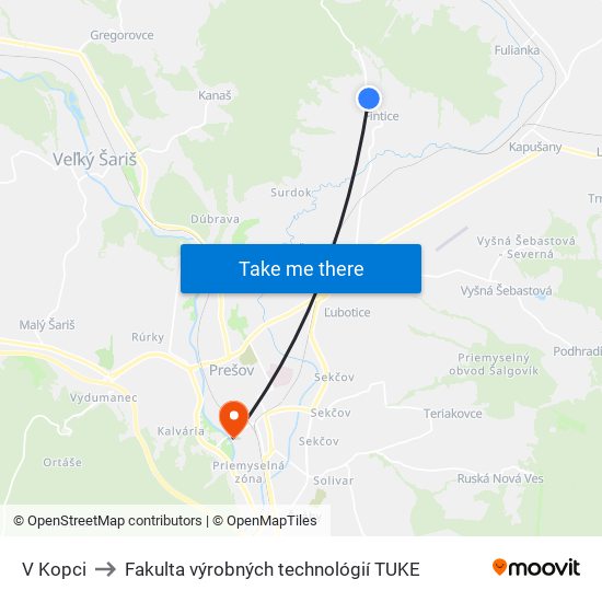 V Kopci to Fakulta výrobných technológií TUKE map