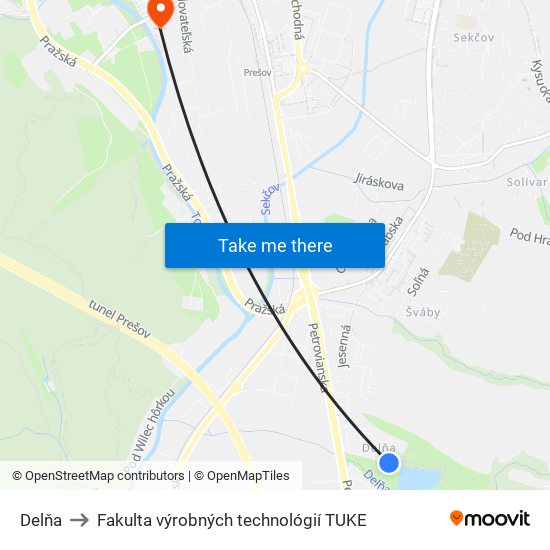 Delňa to Fakulta výrobných technológií TUKE map