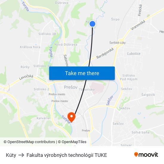 Kúty to Fakulta výrobných technológií TUKE map