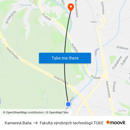 Kamenná Baňa to Fakulta výrobných technológií TUKE map