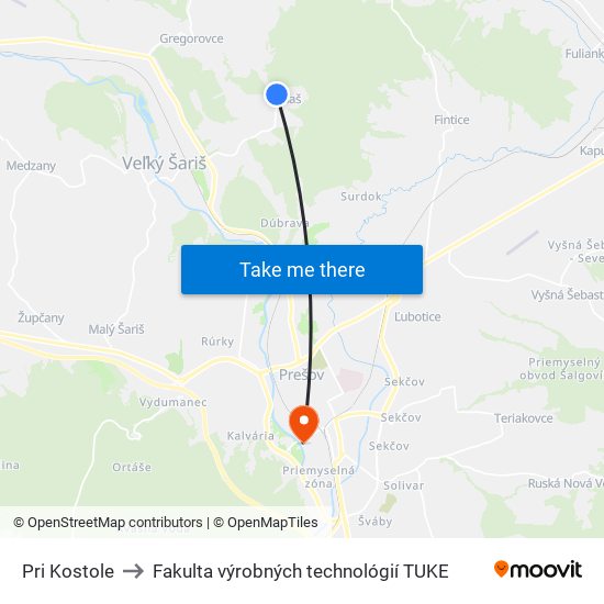 Pri Kostole to Fakulta výrobných technológií TUKE map