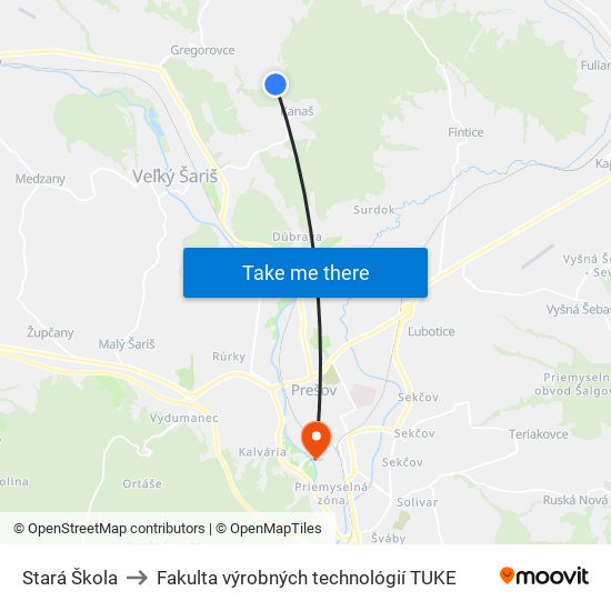 Stará Škola to Fakulta výrobných technológií TUKE map