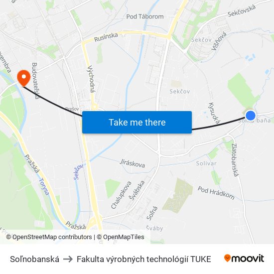 Soľnobanská to Fakulta výrobných technológií TUKE map