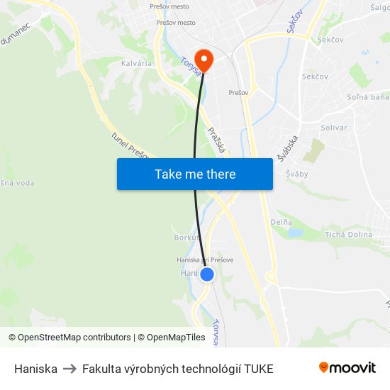 Haniska to Fakulta výrobných technológií TUKE map