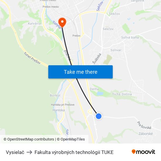 Vysielač to Fakulta výrobných technológií TUKE map