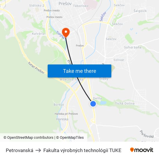 Petrovanská to Fakulta výrobných technológií TUKE map