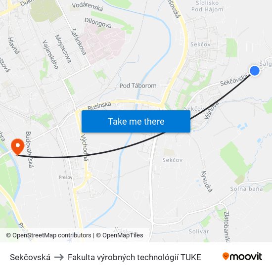 Sekčovská to Fakulta výrobných technológií TUKE map