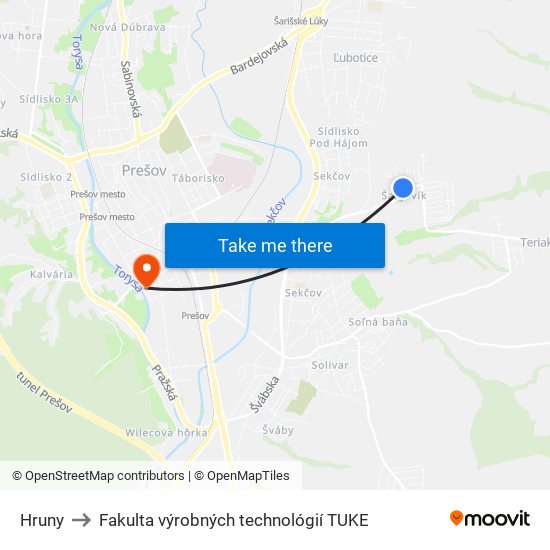 Hruny to Fakulta výrobných technológií TUKE map