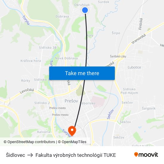 Šidlovec to Fakulta výrobných technológií TUKE map