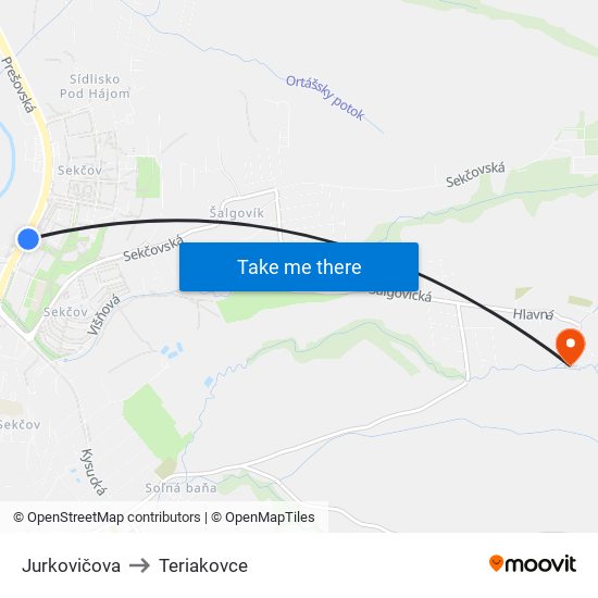 Jurkovičova to Teriakovce map