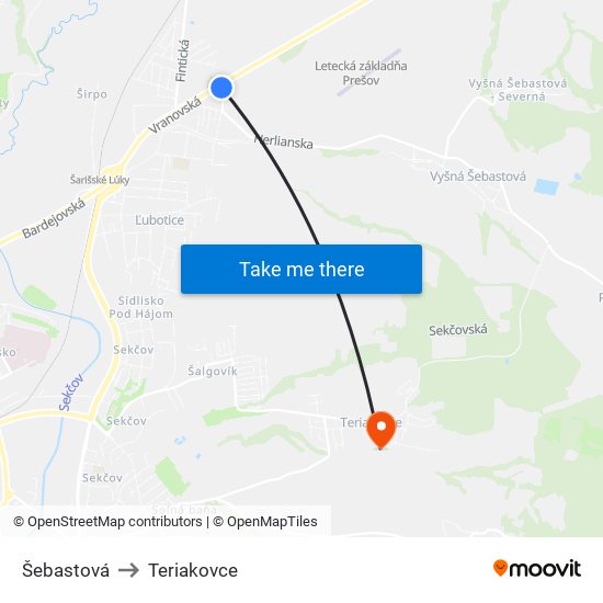 Šebastová to Teriakovce map